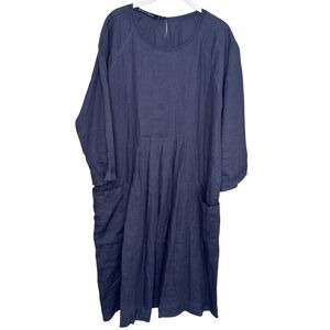 Gudrun Sjoden Dress Large Blue Linen Midi Pockets 3/4 Sleeve Boho Lagenlook